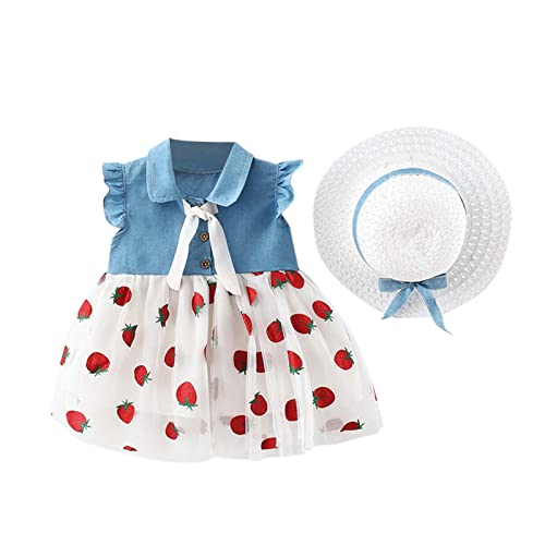 YEHEI Robe en Tulle bébé Ensemble 6M-3Y Patchwork Princesse Fraise Filles Manches Volantes Denim Cha